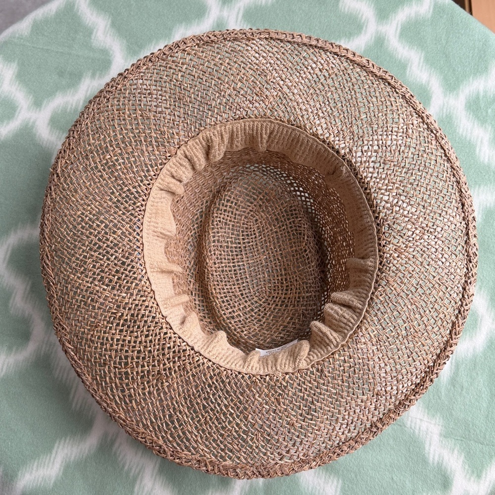 Woven Tan Straw Sun Hat with Blue Floral Fabric Band - Picture 4 of 7